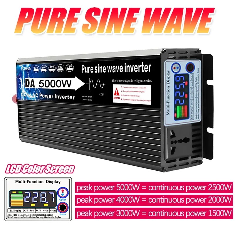 Inverter Surya Gelombang Sinus Murni 5000W 4000W 3000W Layar Warna Transformator Konverter Tegangan 