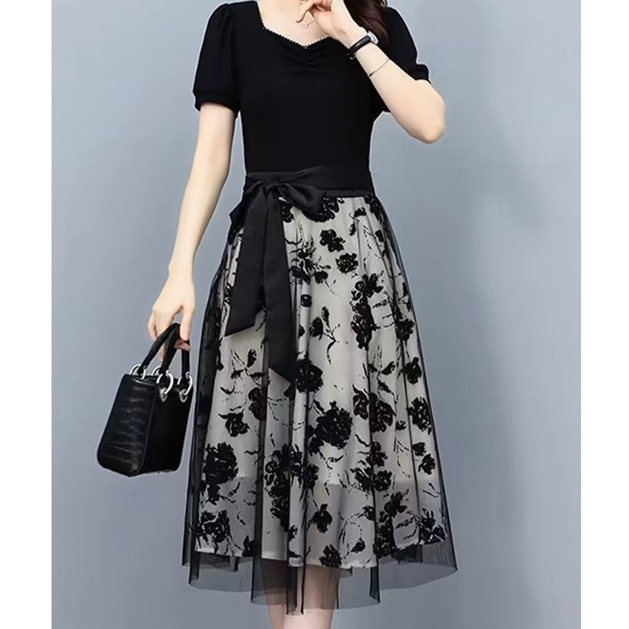 dress hitam korea Elegant midi dress terbaru 2025 princess floral dress lengan pendek big size