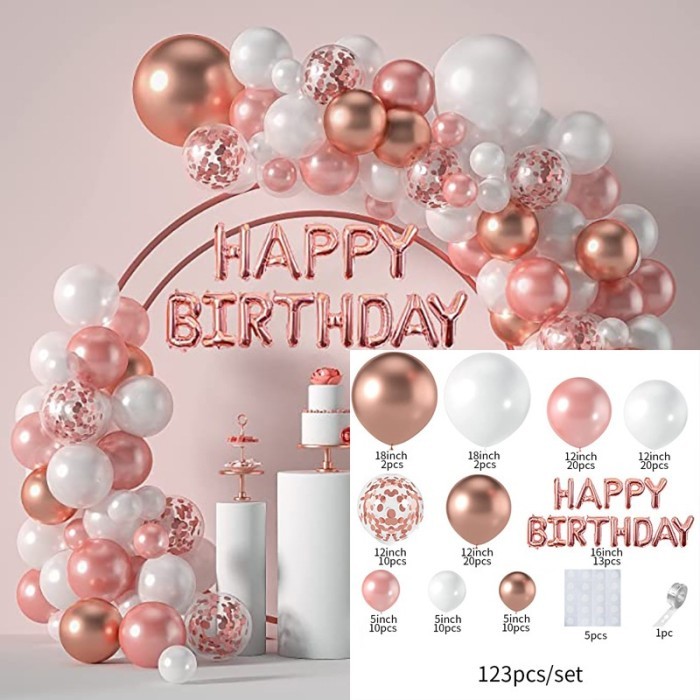 123 PC BALON GARLAND ROSE GOLD HAPPY BIRTHDAY BALON LATEX SET DEKORASI