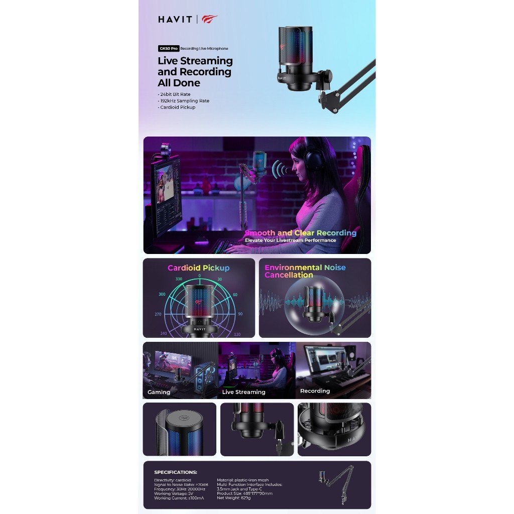 Mic Streaming GK50 Pro Noise Cancelling Mic Gaming Live Pro Mic Podcast Youtube Live Streaming