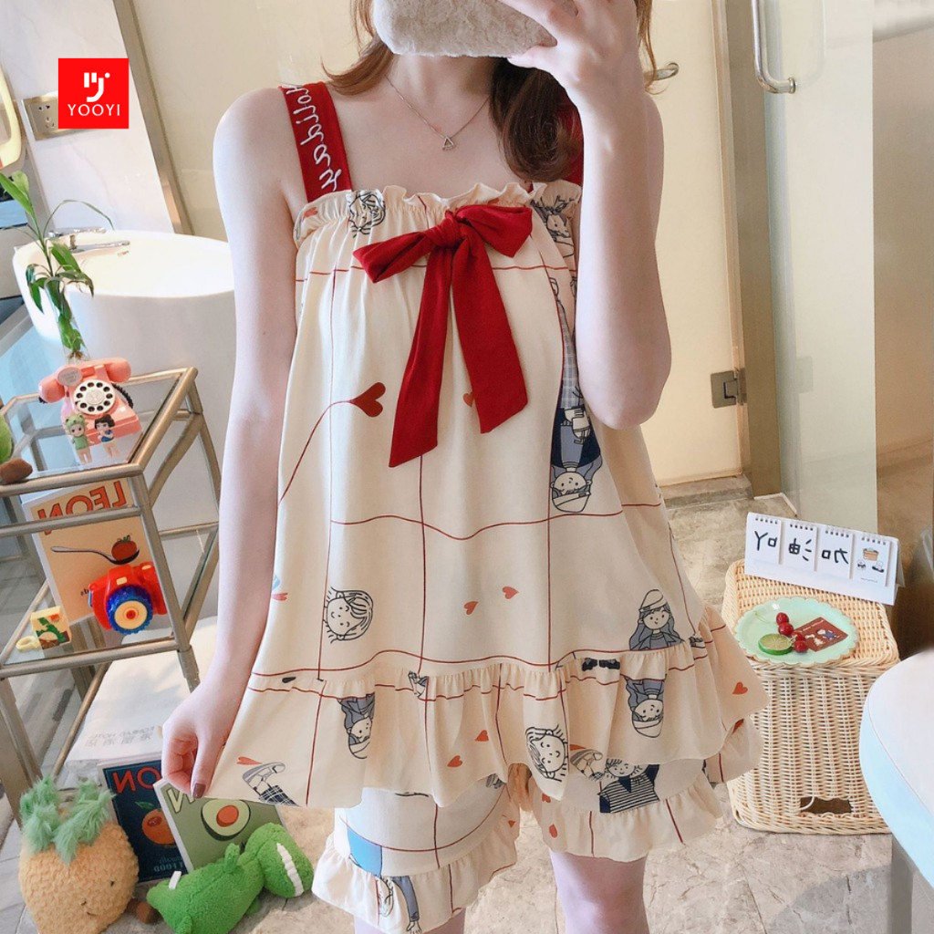 Yooyi Baju Tidur Wanita Piyama Baby Doll Setelan Perempuan Dewasa Tanpa Lengan Celana Pendek Remaja