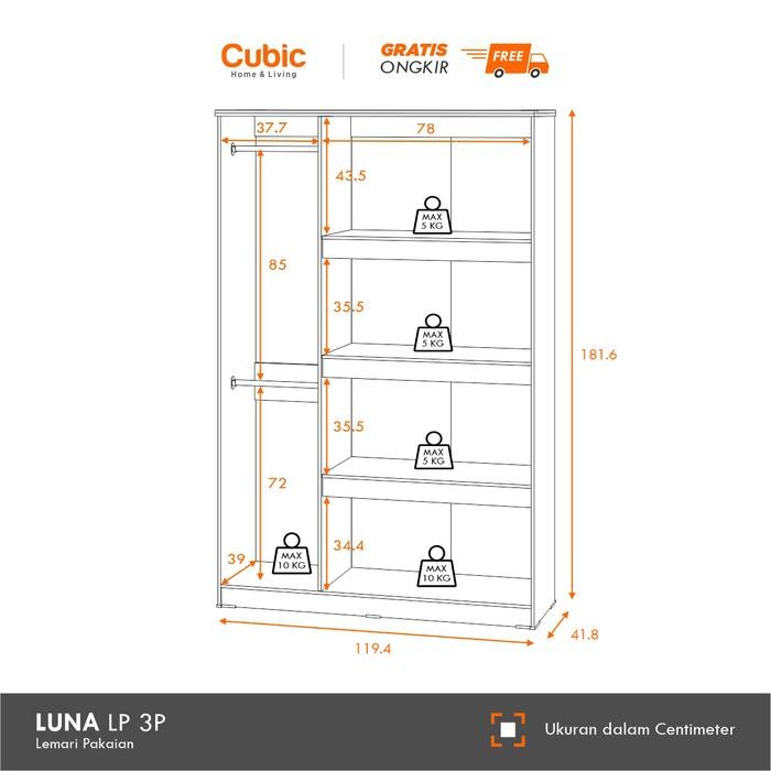 Cubic Lemari Pakaian Minimalis / Lemari Baju 3 Pintu - Luna Lp 3P