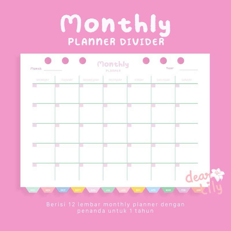 

Dear Lily Pembatas Divider Binder A6 / A5 / B5 / A4 Monthly Planner Kertas Tebal 1 Tahun Pastel