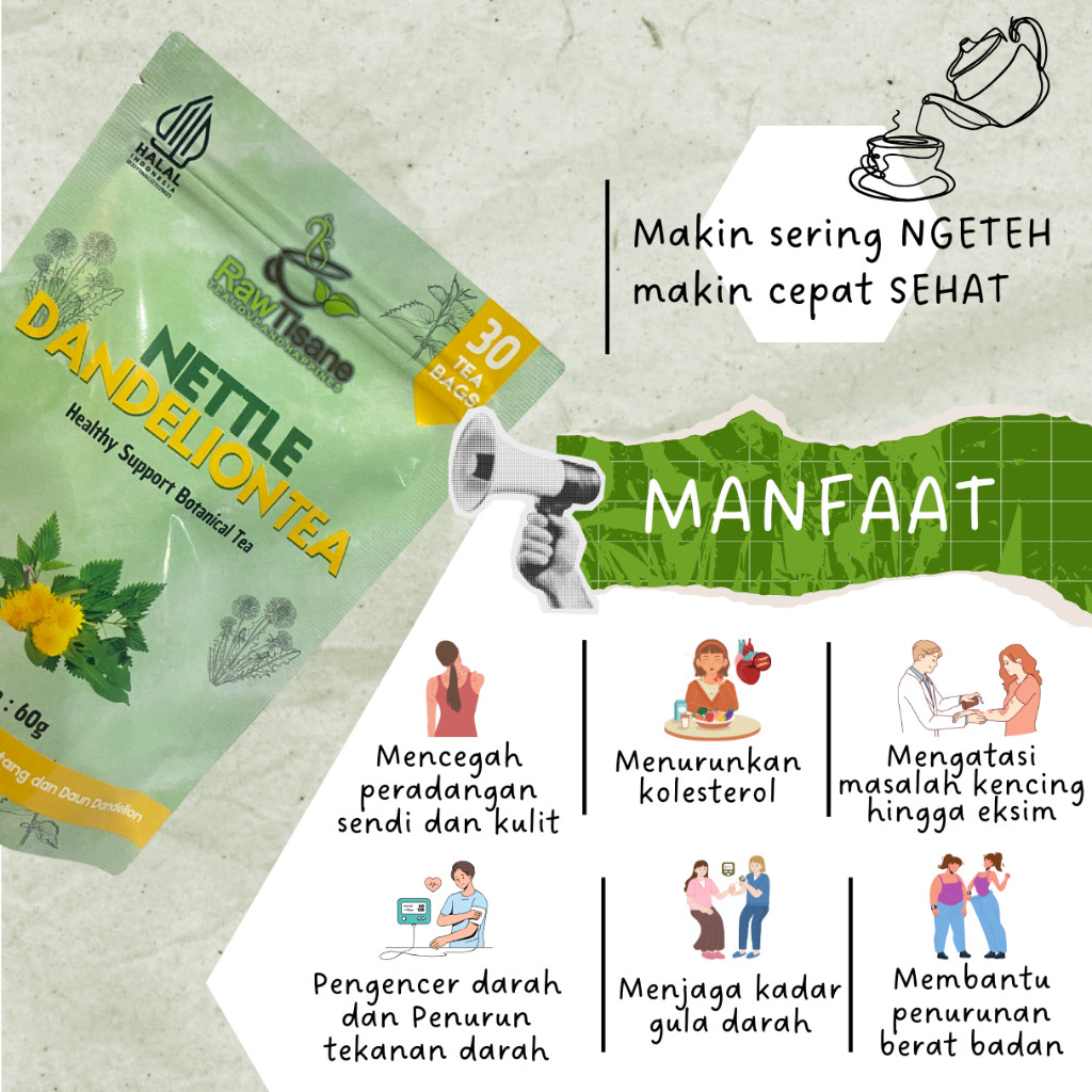 

WHYN!! RAW TISANE Nettle Dandelion Tea : Teh Celup Daun Jelatang & Daun Dandelion Isi 30 Tea Bag