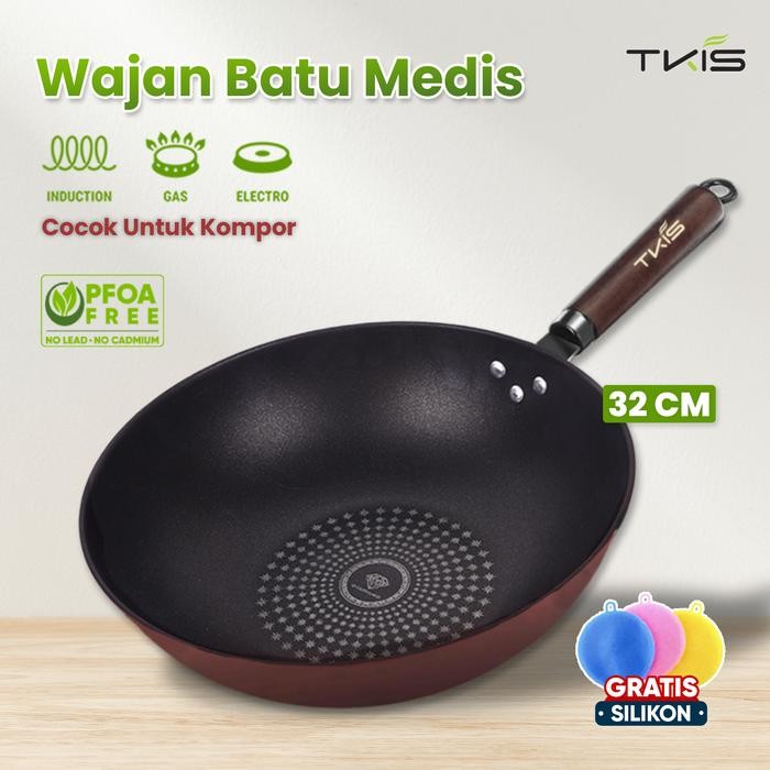 Tkis Panci Wok / Wok Pan Panci Penggorengan Model Diamond Anti Lengket Ukuran 32 Cm Gagang Kayu