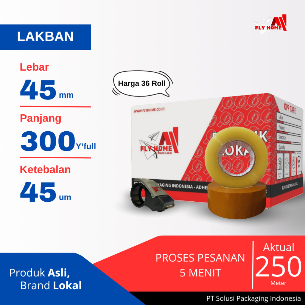 

FLYHOME Lakban bening coklat 300yard 1dus 45x300 yard 36roll ukuran FULL CARGO