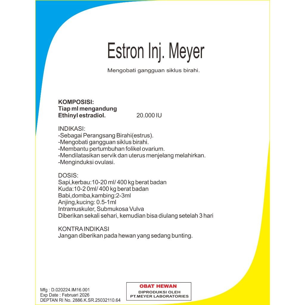 Estron Injeksi Meyer 20 ml obat birahi untuk hewan peliharaan (betina)