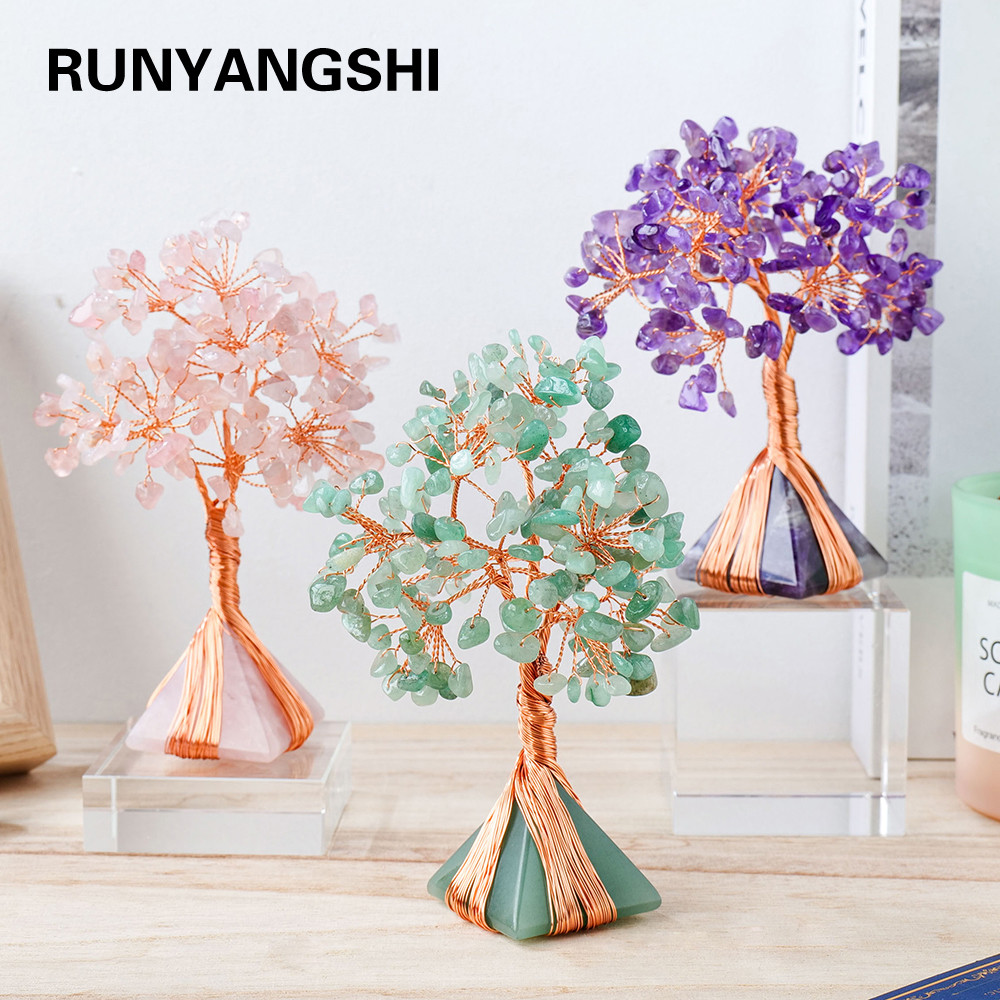 Patung Patung Dasar Kristal Piramida Batu Permata Tujuh Cakra Pohon Uang Kuarsa Mawar Alami Dekorasi