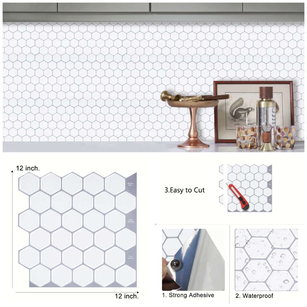 Stiker Dinding Berperekat Segi Enam Nat Abu-abu Putih 3D dengan Ubin Backsplash Dapur Tahan Air Wall