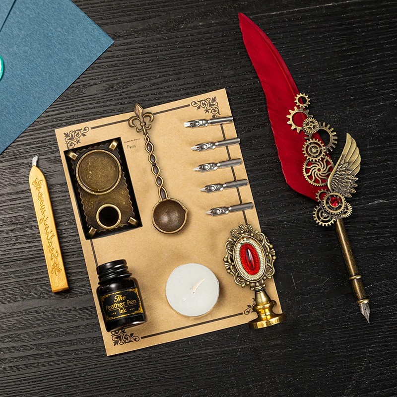 Vintage Fountain Pens Set Luxury Sprinkling Gold Feather Pen Ink Bottle Calligraphy Writing Dip Pen 
