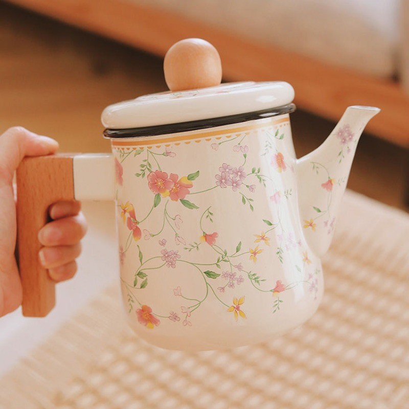 1.2L French Girly Heart Flower Enamel Teapot Kettle Boiler Induction Cooker Gas Cooker Universal