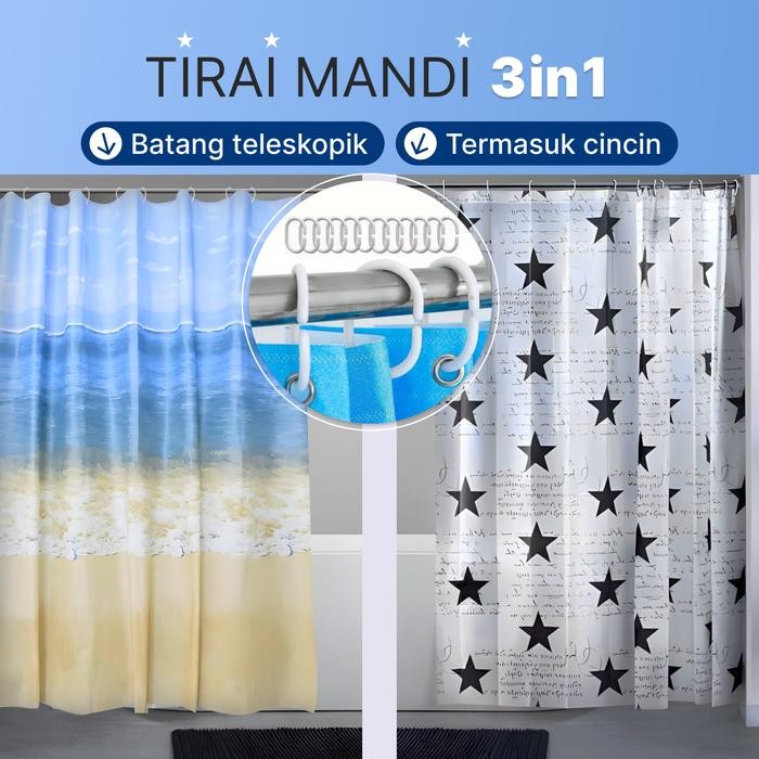 Wowzilla Set 2 In 1. Gorden/Tirai Kamar Mandi Anti Air Tebal Dan Tiang Tirai Kamar Mandi. Tiang