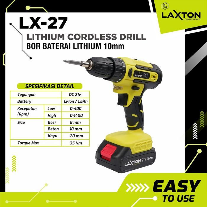 Laxton Lx27 Mesin Bor Baterai Tangan Lithium Cordless Drill Cas 21V 10Mm Murah Laris