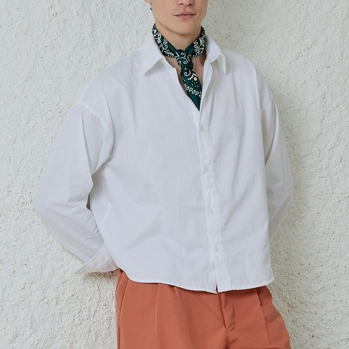 Graye Homme Kemeja Crop Boxy Oversize Panjang Pria 100% Katun Warna Putih Style Korea Kekinian