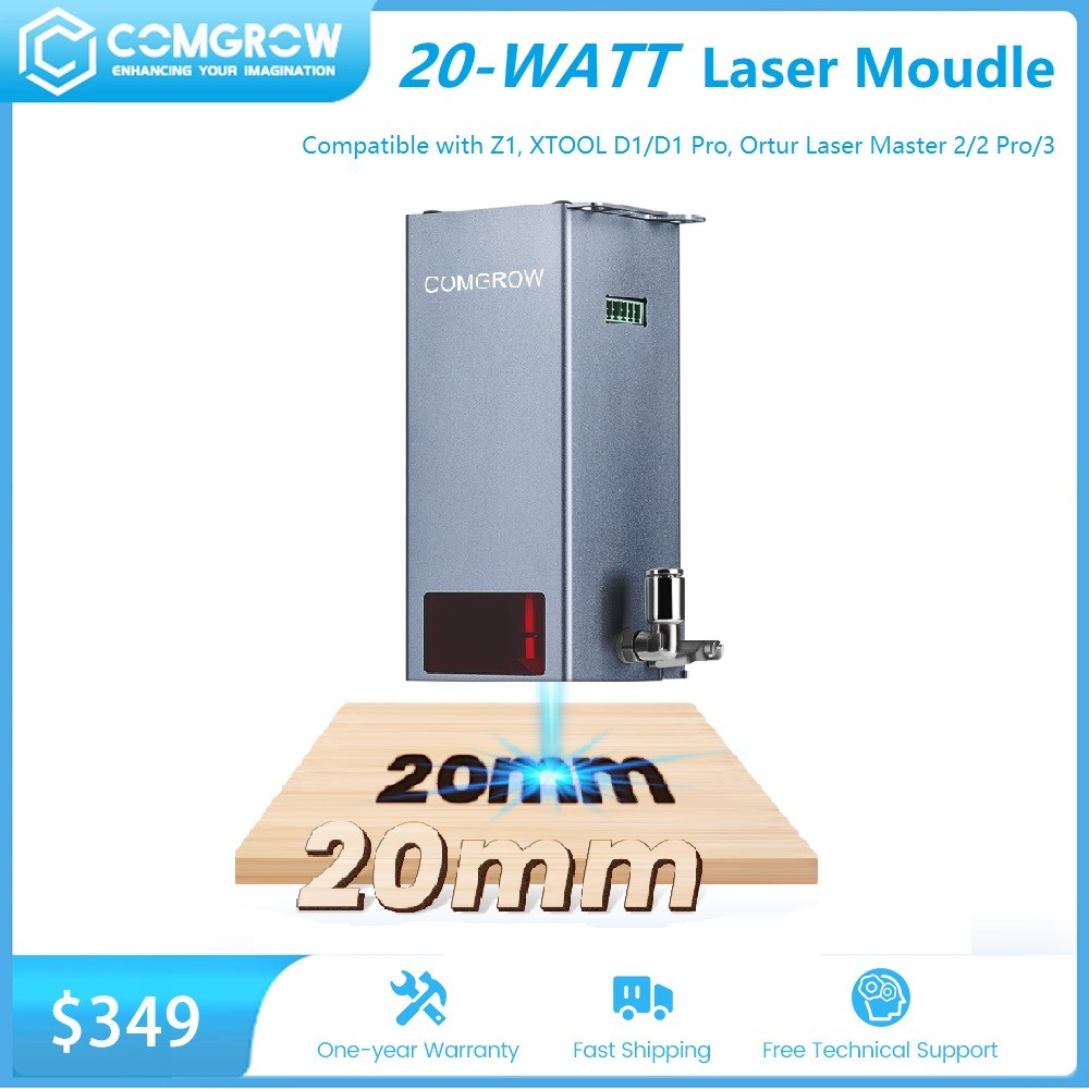 COMGROW 20W Kepala Laser Modul Laser Daya Optik untuk Mesin Ukiran Pemotong Laser CNC Z1,D1,D1 Pro,L