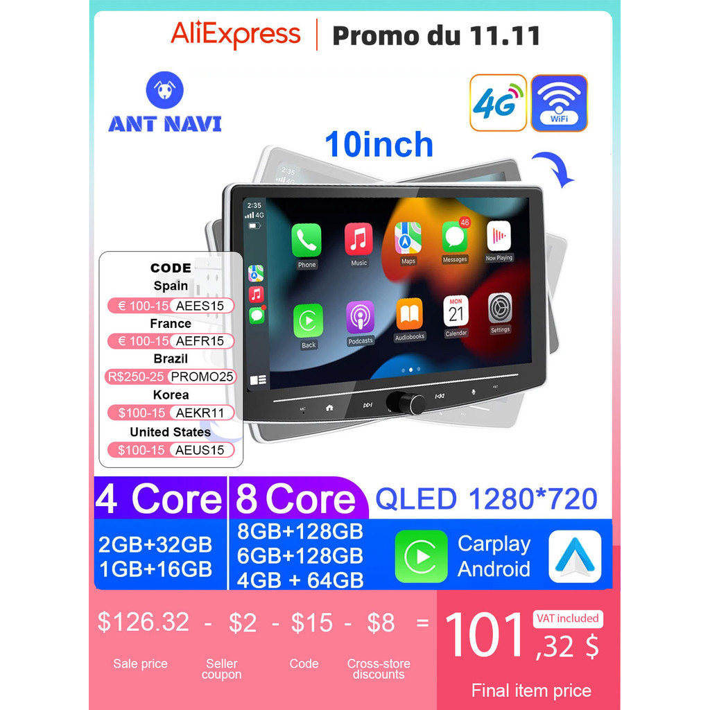 AntNavi 10 Inci Radio Mobil Android Putar Layar QLED GPS Android 1 Din Terapkan Tombol Kenop Autorad