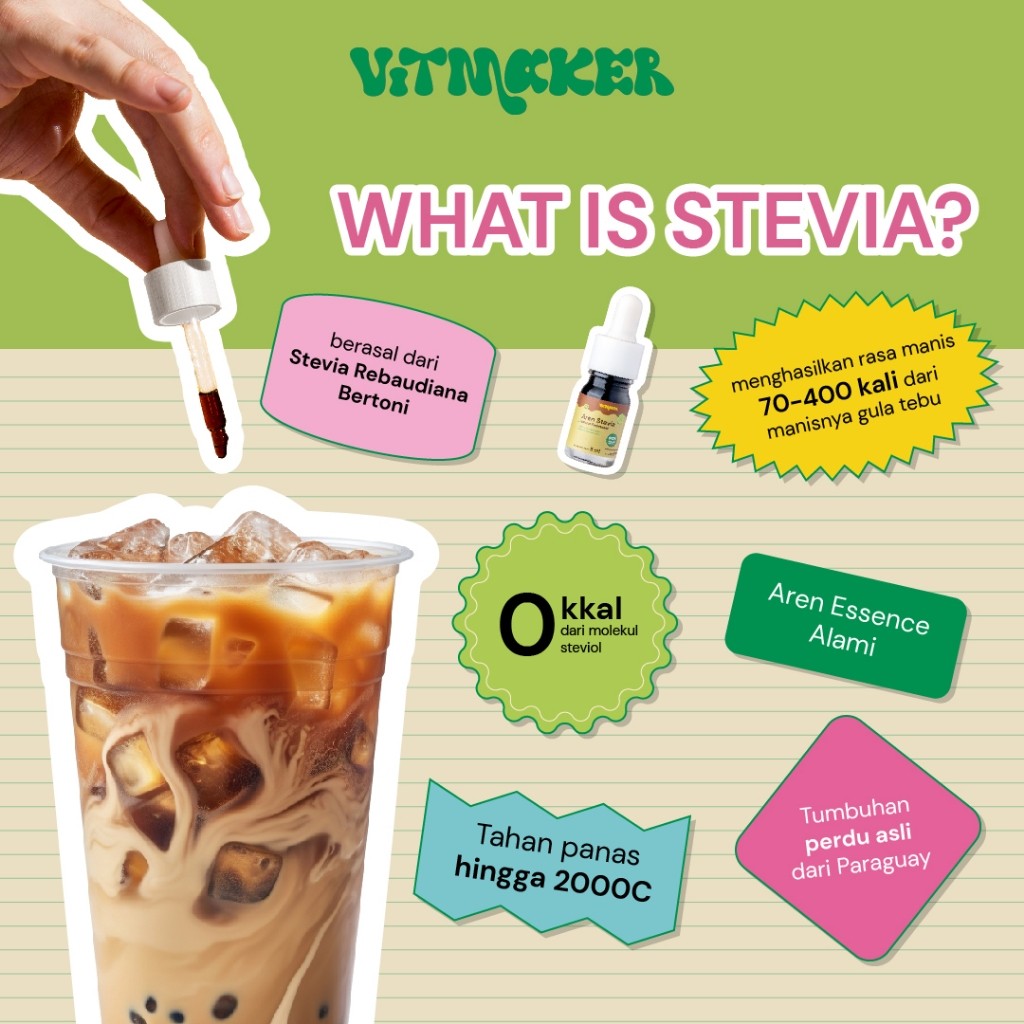 

Vitmaker Liquid Aren Stevia Pemanis Alami (Pengganti Gula Dengan 0 Cale) 15ML & 5ML HALAL DAN BPOM