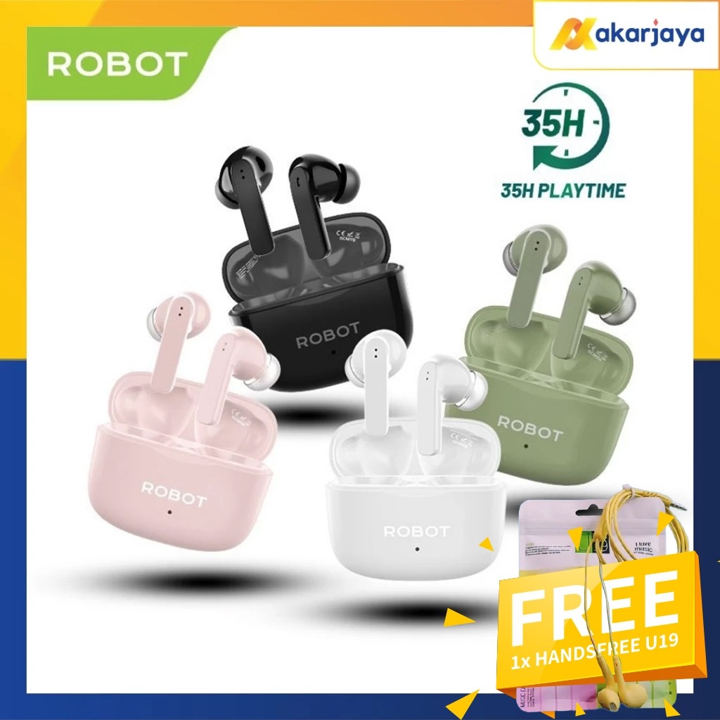RB2233 (Free Handsfree U19) ROBOT Airbuds T70E TWS Earphone Deep Bass Headset Bluetooth 5.4 Original