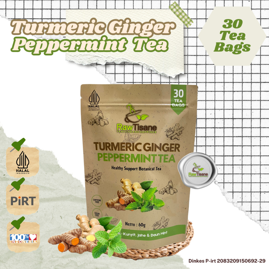 

RAW TISANE Turmeric Ginger Peppermint Tea : Teh Celup Kunyit, Jahe & Daun Mint Isi 30 Tea Bag
