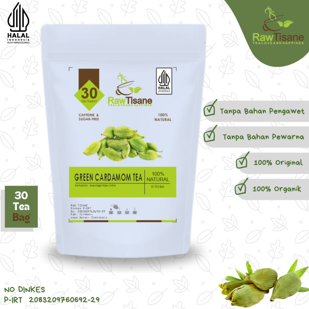 

RAW TISANE Green Cardamom Tea : Indian Green Cardamom Tea / Teh Kapulaga Hijau India Isi 30 Tea Bag