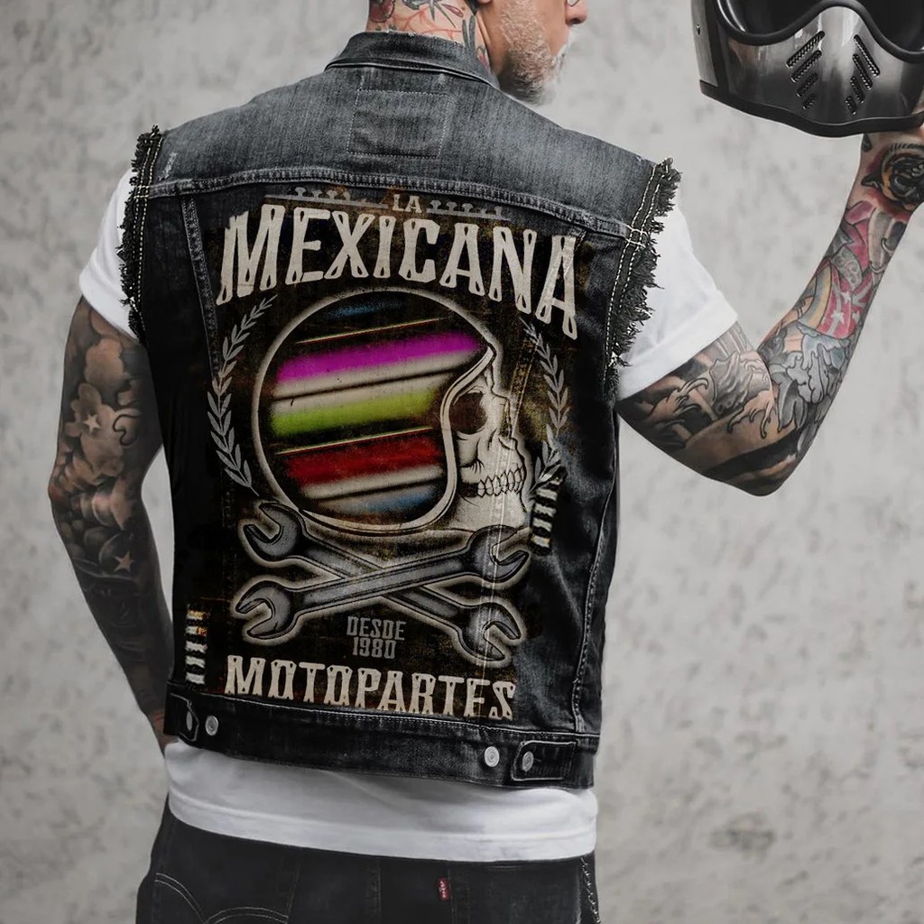 2025 Men'S Fashion Print Biker Vest Punk Rock Sleeveless Denim Jacket Black Streetwear Waistcoat For