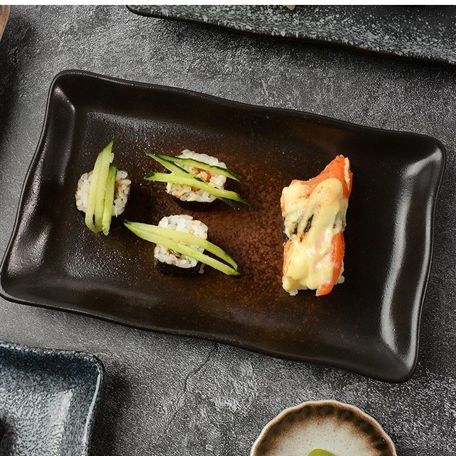 Mori Japanese Sushi e / Piring Saji Makan Sushi Dimsum Keramik Panjang Petak Rustic Jepang / Sushi