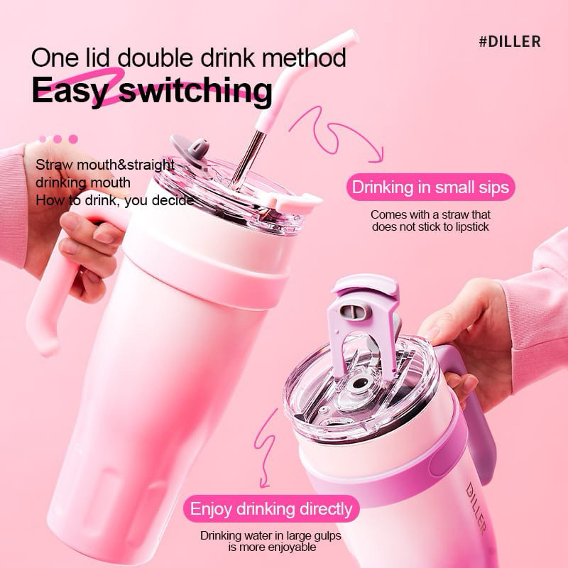 Stainless Tumbler 1100ml Botol Minum Gradasi Termos Besar Dilengkapi Sedotan