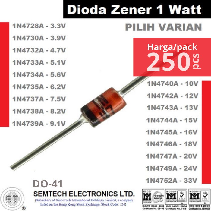 Grosir Pack - Dioda Zener DIode 1 Watt 1W 3.3V-33V 1N4728-1N4752 5V1 5V6 12V 15V 24V