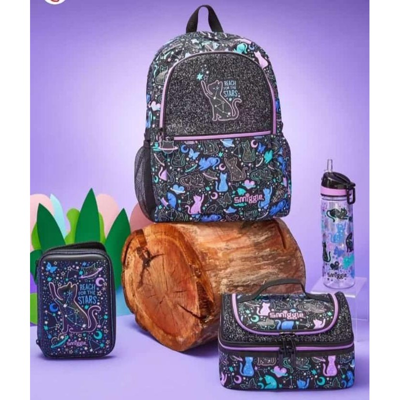 Smiggle Wild Side Starry Kitty Cat Backpack Lunchbag Bottle Set
