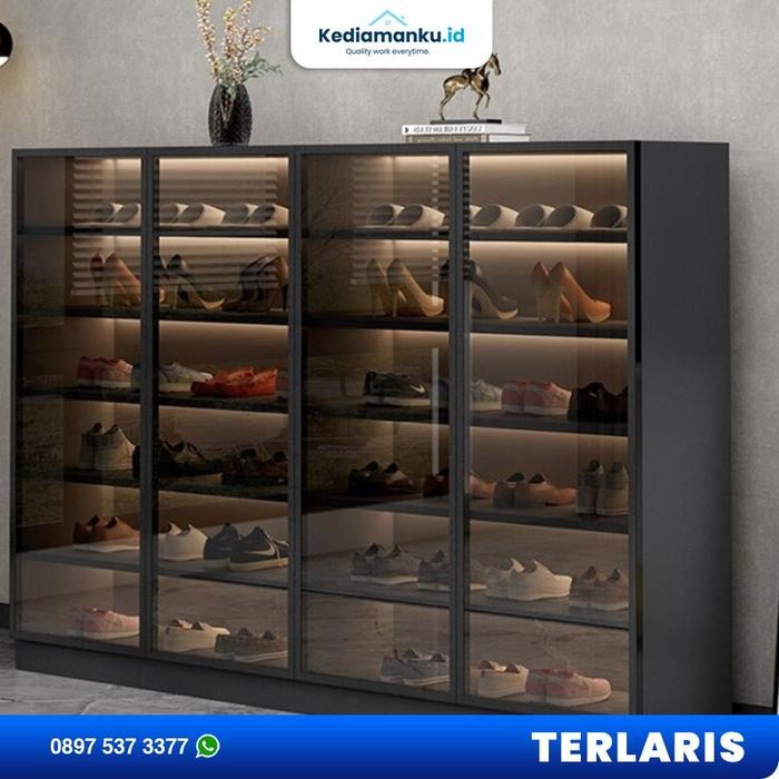 Lemari Sepatu Rak - Etalase Aluminium Lampu Led Geser Mewah Kaca - Model 2