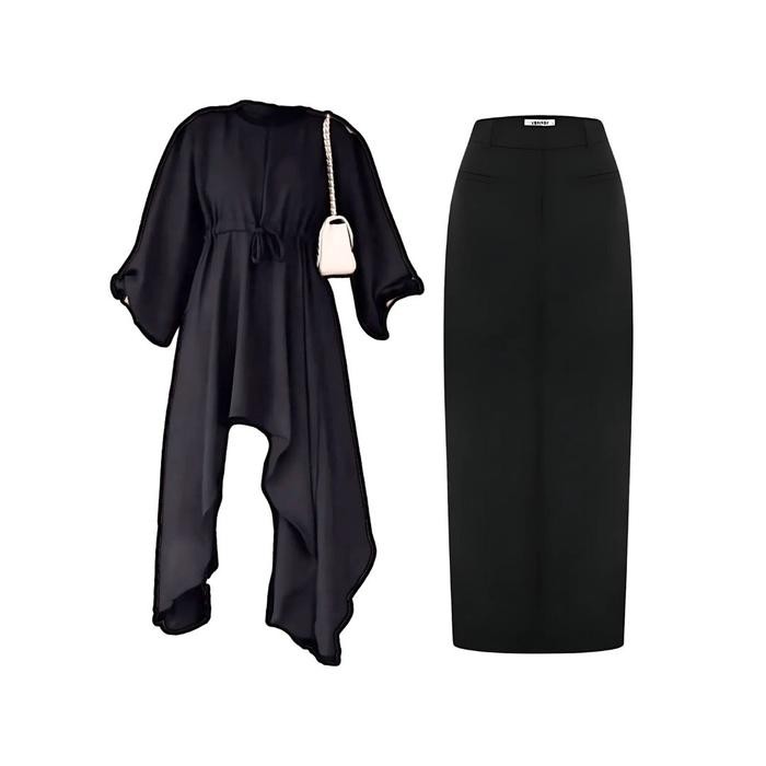 One set 3in1 baju atasan tunik blouse hitam rok span hitam jilbab bella square ootd outfit setelan