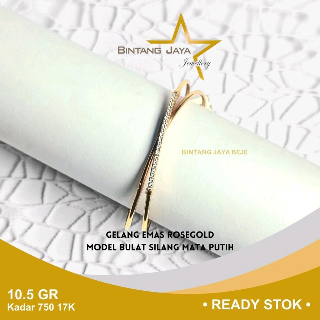 Gelang Emas Bulat Model Silang M Putih Rosegold Kadar (17K) - Berat 10,50 gram untuk Pesta, Pernikah