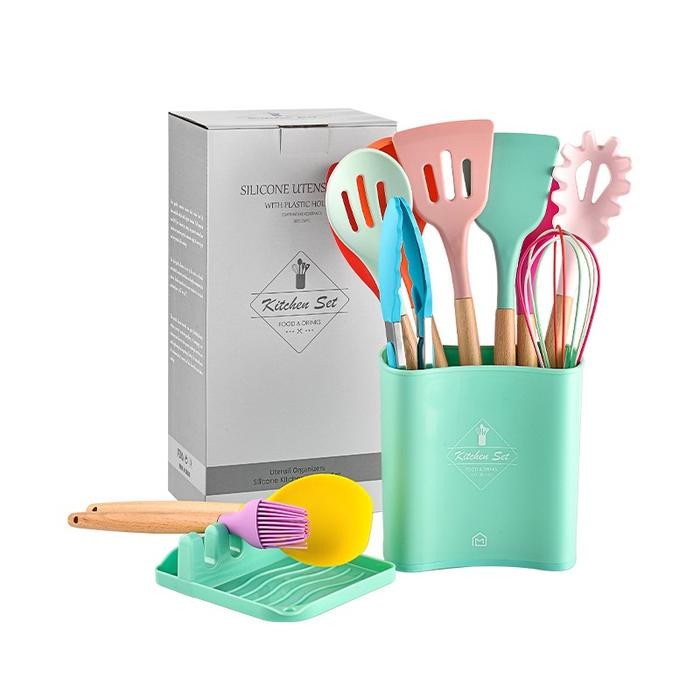 Square Bucket Utensil Set 13Pcs 1092 Silicone Utensil Set Kiten Set