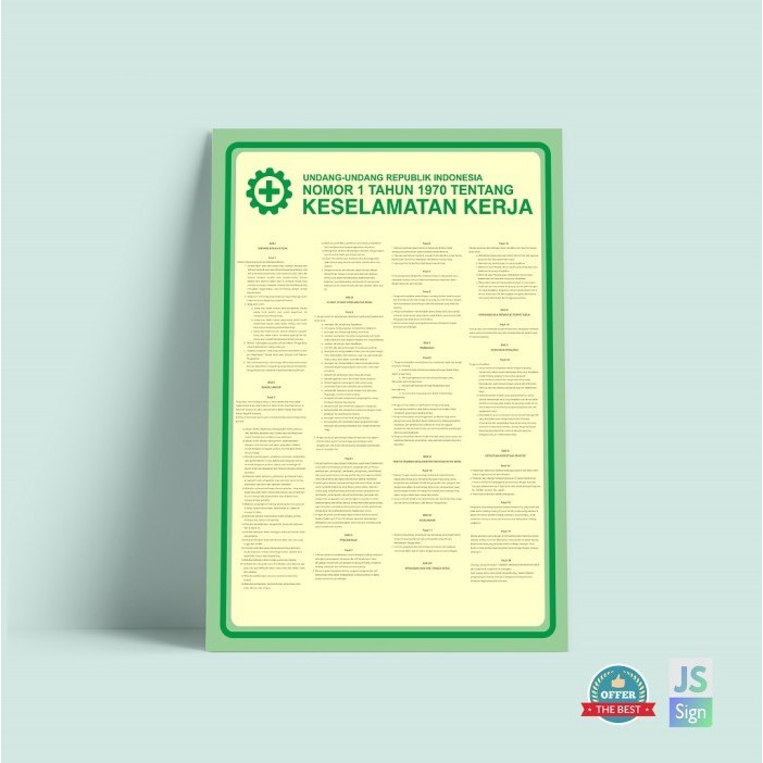 Poster Safety K3 Keselamatan Kerja UU no.1 tahun 1970 Ukuran A3