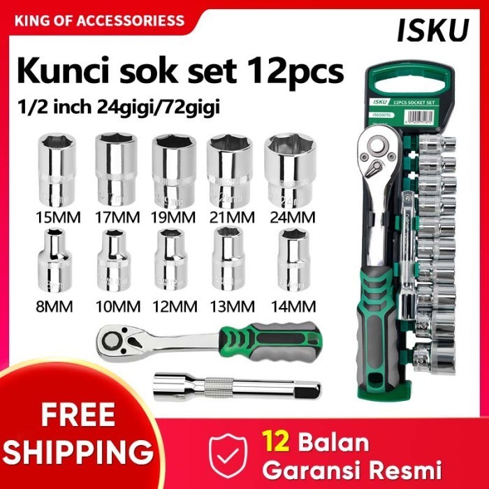 ISKU Kunci Sok Set CR-V 12 PCS Kunci Sok Wrench 1/2" Rachet Kunci Set