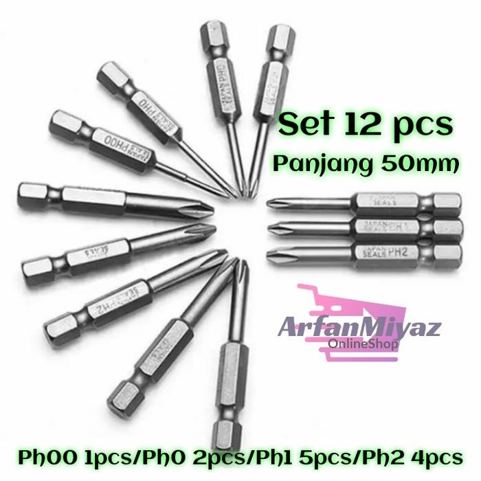 PREMIUM Mata Obeng Set 12pcs Plus Magnet Magnetic Panjang 50mm PH00 PH0 PH1 P2