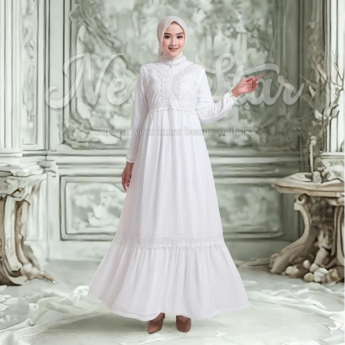 Newstar - Gamis Putih Baju Wanita Kekinian Dress Lebaran 2025 Abaya Warna Putih Mewah B36