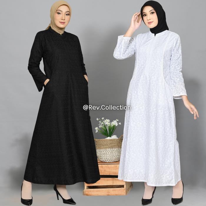 Rev - Gamis Hitam & Putih Bordir Busana Umroh Haji Muslim Wanita Baju Mewah Dress Panjang Syari