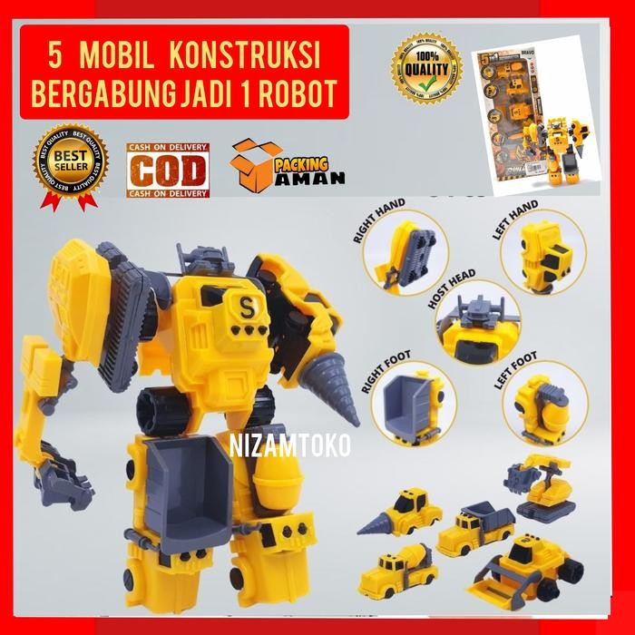 Mainan anak edukasi bongkar pasang robot gabungan 5 mobil jad