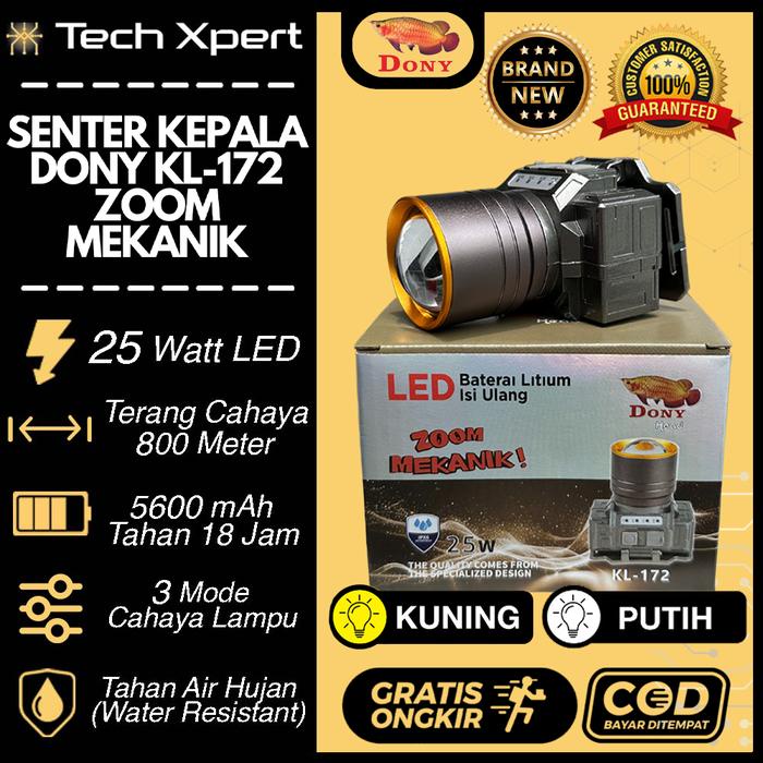 TERLARIS SENTER KEPALA LED DONY 25 WATT KL-172 "ZOOM MEKANIK" ORI ANTI AIR TAHAN LAMA OUTDOOR