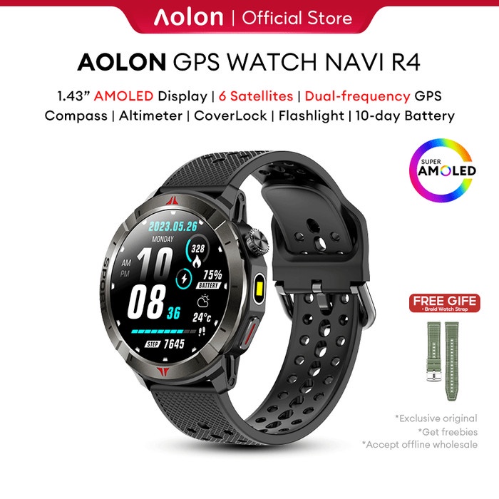 terbaru !!! aolon navi r4 gps smartwatch 466*466 amoled screen dual gps 6 satellite positioning jam