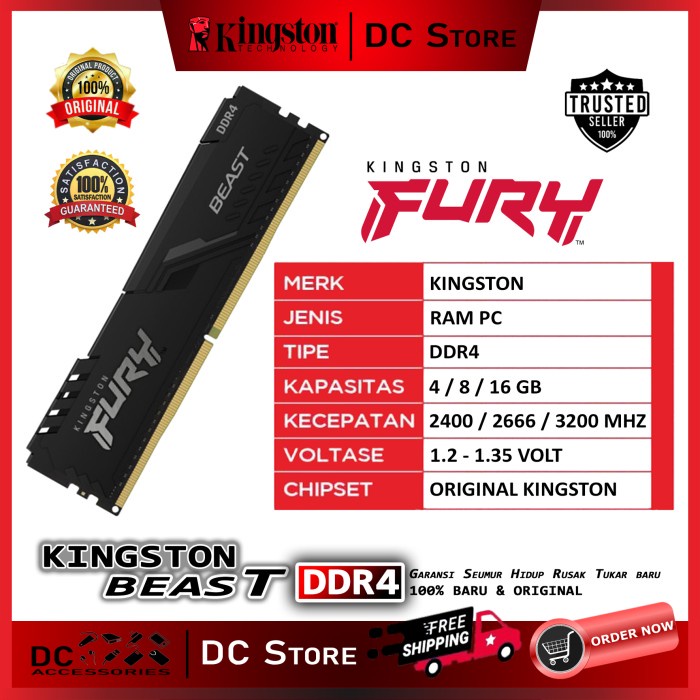 RAM PC KINGSTON FURY BEAST DDR4 16GB HYPERX FURY PC MEMORY