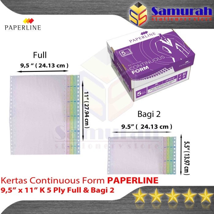 

Kertas Continuous Form Paperline 9,5 x 11 K 5 Ply Warna Full / Bagi 2