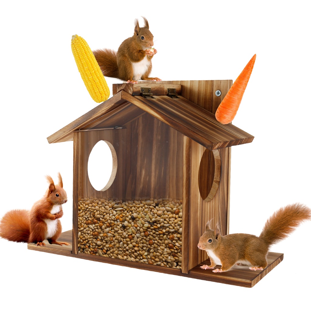 ALLEN Squirrel Feeder For Outside Wooden Chipmunk Feeder Squirrel House For Corn, Peanuts Large Capa