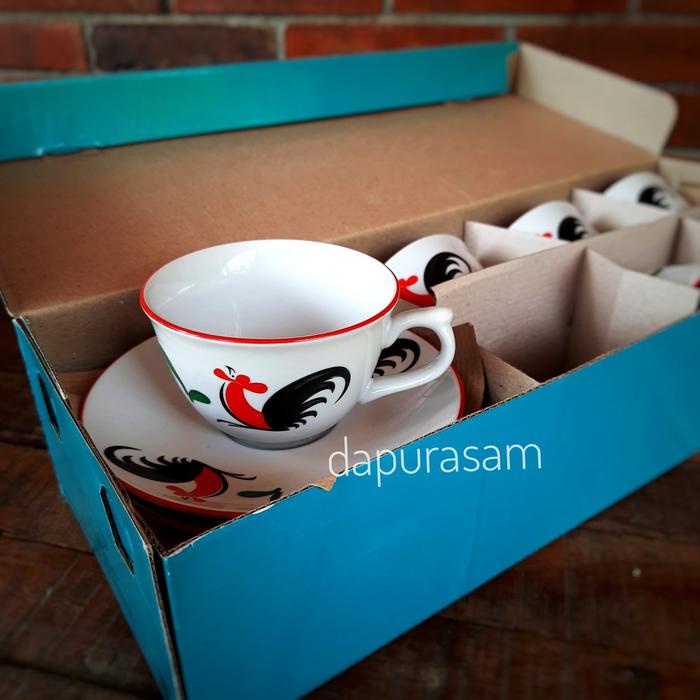 6 Set Cangkir + Lepek Porcelain Ayam Jago, Bunga ungu, Gelas Kopi teh Kukuruyuk