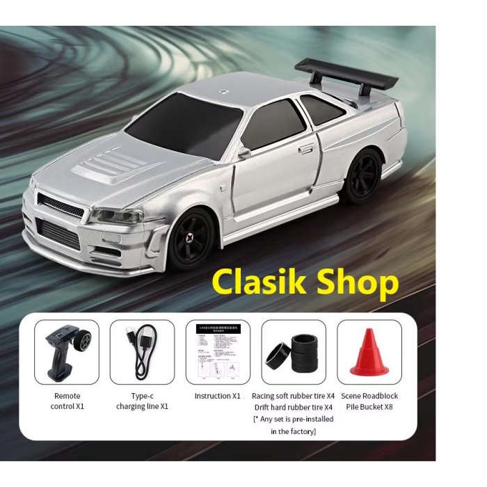 Terlaris - 2.4G Rc Drift Car 1/43 Nissan Skyline R34 4Wd Remote Control Car High Speed Four Wheel