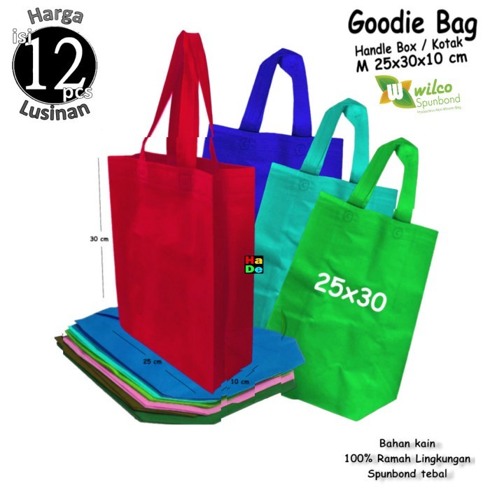 

Flashshow 1 Lusin 12pcs Tas Kain Spunbond Goodie bag Handle Box Kotak 25x30x10cm