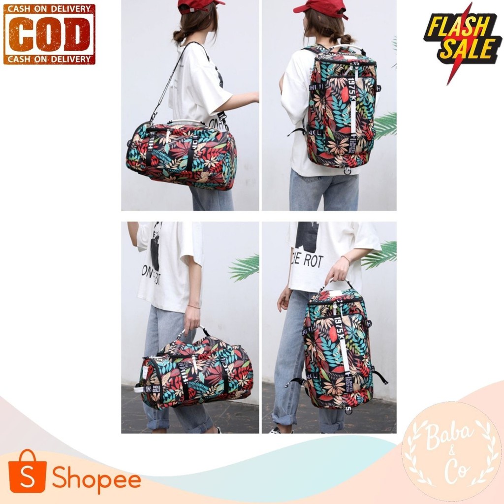 HOT DEALS TRAVEL BAG TAS GYM BAG DUFFLE BAG RANSEL TRAVEL BACKPACK MOTIF DAUN LEAVE TAS FITNES