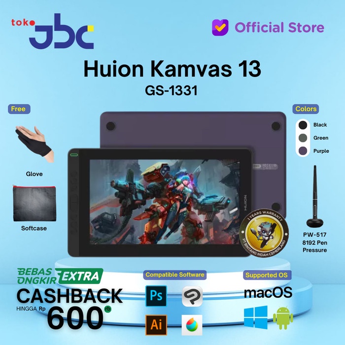 New Huion Kamvas 13 (android ready) display tablet garansi resmi