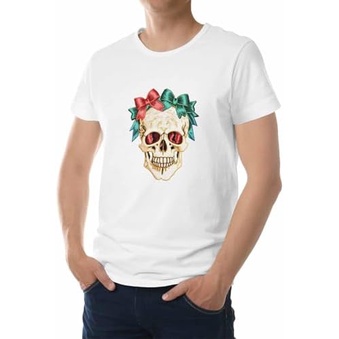 Kaos Pria, Kaos Pria, Kaos Hijau, Merah, Pita, Tengkorak, Katun, Lengan Pendek, Atasan Kasual Putih 